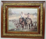 Western Print Cowboys on Hereford Cattle Ranch, Nice Gold Gilt Oak Frame 29 7/8