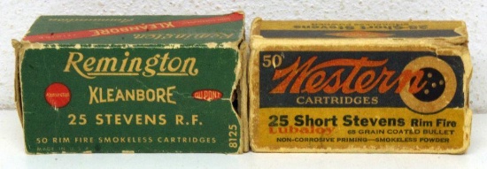 Partial Vintage Box of 45 Rounds Remington .25 Stevens Rim Fire Cartridges, Box Missing One End Flap