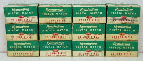 (12) Vintage Boxes Remington Pistol Match .22 LR Cartridge, One Box is Missing One Cartridge