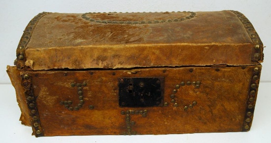 Antique Primitive Western Cow Hide Chest w/Brass Tacks, Worn Brittle Leather is Pulling Away on
