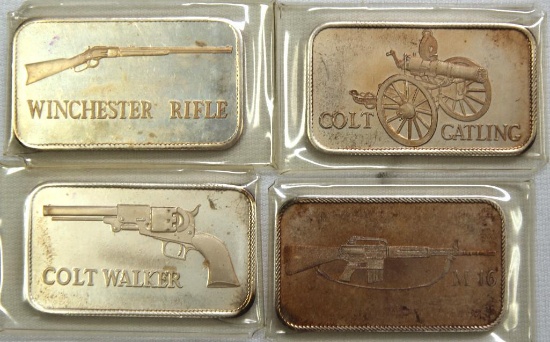 (4) 1 Troy oz. .999 Silver Bars, Colt and Winchester Firearms
