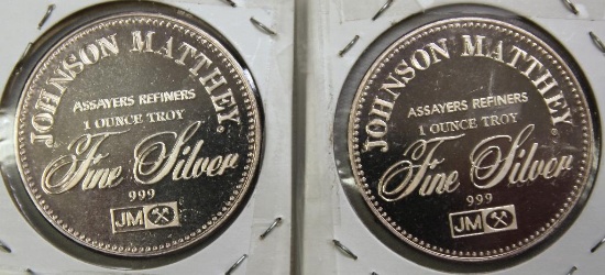 (2) 1 Troy oz. .999 Silver Johnson Matthey Silver Rounds