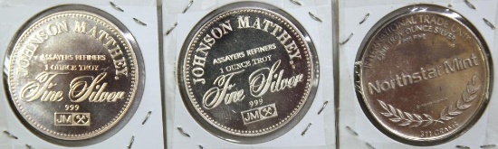 (3) 1 Troy oz. .999 Silver Rounds - (2) Johnson Matthey, (1) Northstar Mint