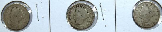 1891,1892,1893 Liberty Head Nickels