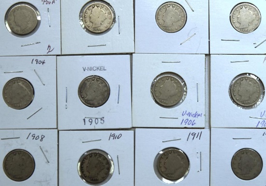 1897,1899,1901,1902,1904,1905,1906,1907,1908,1910,1911,1912 Liberty Head Nickels