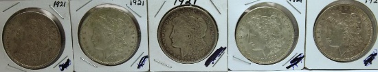 (5) 1921 Morgan Dollars