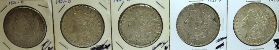 (5) 1921D Morgan Dollars