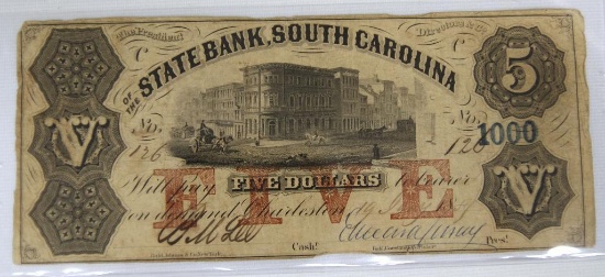 1800's State Bank, South Carolina $5 Note