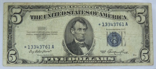 1953 $5 Blue Seal Silver Certificate Star Note