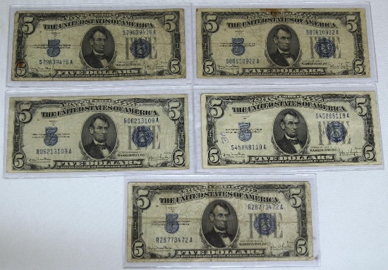 (5) 1934D $5 Blue Seal Silver Certificates