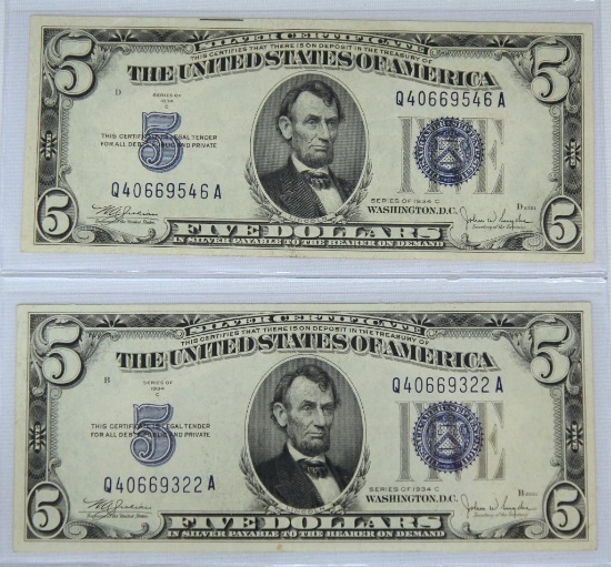 (2) 1934C $5 Blue Seal Silver Certificates