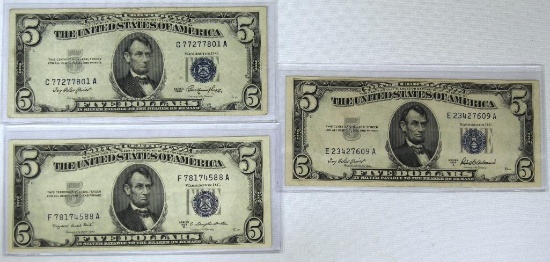 1953, 1953A, 1953B $5 Blue Seal Silver Certificates