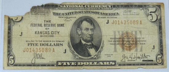 1929 $5 National Currency Note, The Federal Reserve Bank of Kansas City, Missouri, Damaged