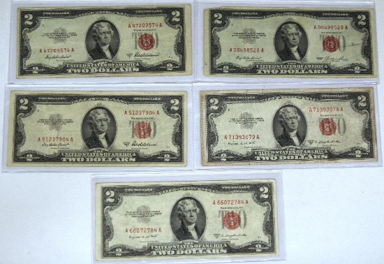 (5) 1953 Series $2 Red Seal Notes