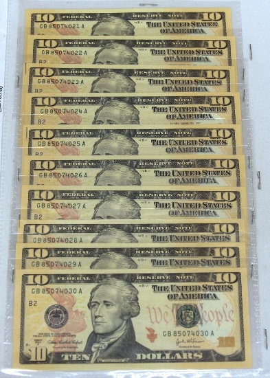 (10) Consecutive Serial Numbered 2004A $10 Notes, 3 Staples on Left Side go through Edge of Notes