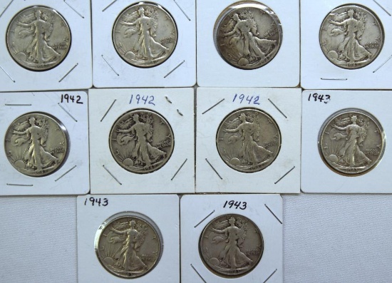 (7)1942 and (3)1943 Walking Liberty Half Dollars