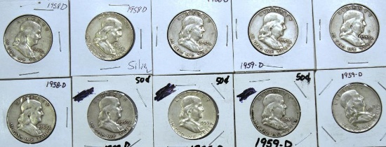 (5)1958D,(5)1959D Franklin Half Dollars
