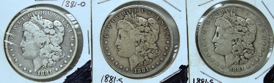 1881O,(2)1881S Morgan Dollars