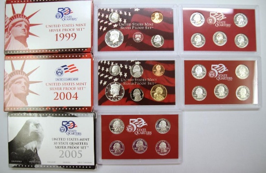 U.S. Mint 1999, 2004 Silver Proof Sets and U.S. Mint 2005 State Quarters Silver Proof Set