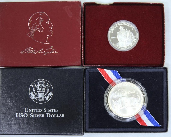 1982 George Washington Commemorative Half Dollar Proof and 1991 USO Commemorative Dollar - 90%