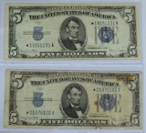 (2) 1934D $5 Blue Seal Silver Certificate Star Notes