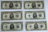 (6) 1934D $5 Blue Seal Silver Certificates