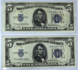 (2) 1934D $5 Blue Seal Silver Certificates