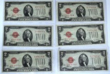 (6) 1928 Series $2 Red Seal Notes