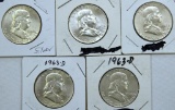 1954D,1958D,1962D,(2)1963D Franklin Half Dollars