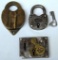 Old Steel Padlock w/Key, Brass Heart Shaped Padlock w/No Key, Old Lock w/Brass Eagle Key Cover