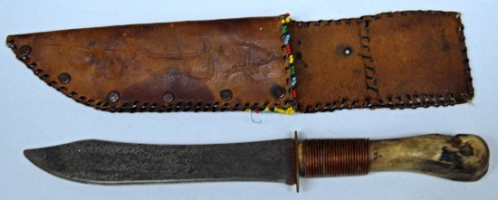 Old Trade Knife w/Leather Sheath, Bone Handle, 6 3/4" Blade, 11 1/8" Overall