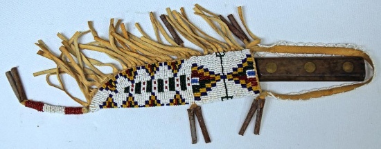 Early 20th Century Native American Indian Fully Beaded Knife Sheath Both Sides w/Trade Knife