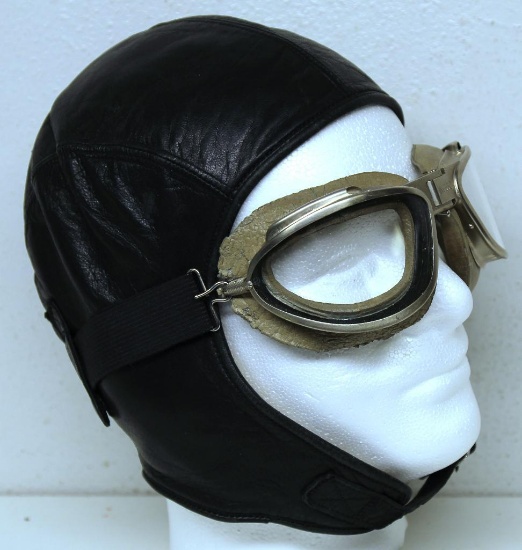 German WWII Leather Skull Cap or Flight Cap w/Goggles, No Markings on Cap, Very Soft Leather,