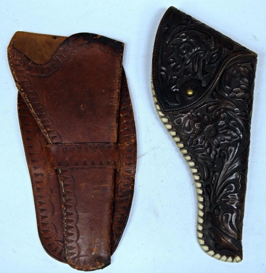 Old Hand Crafted Single Loop Leather Holster and Modern Tooled Leather Holster