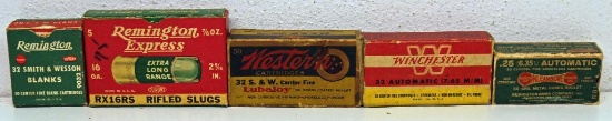 Box Lot Vintage Boxes Ammunition and Cartridges to include Full Box Remington .32 S&W Blanks, Full