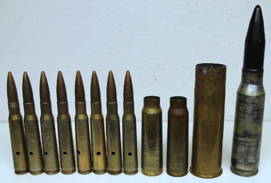 Mixed Box Lot (8) .50 Cal. Dummy Rounds, (2) 20 mm Artillery Brass, 37 mm MK III A3 Dated 1941