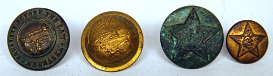 Old Brass Uniform Buttons - (1) Nebraska State Seal, (1) Kansas State Seal, (2) Oklahoma State Seal