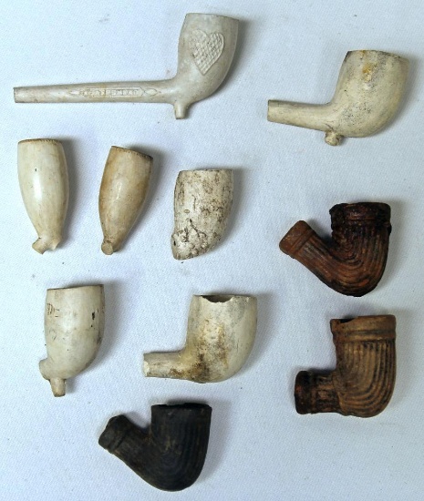 Collection of 10 Clay Civil War Era Pipes - Some Used a Reed for a Stem, Some have Damage