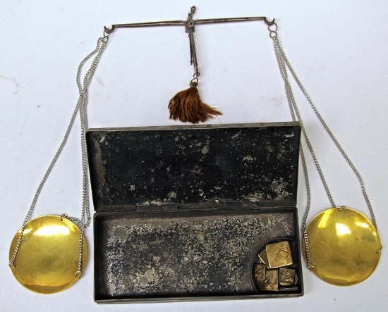 Small Gold Scale w/Weights (Drams and Drachms) in Metal Case, Chains Appear to have been Replaced