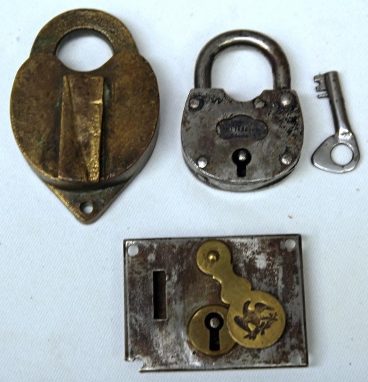 Old Steel Padlock w/Key, Brass Heart Shaped Padlock w/No Key, Old Lock w/Brass Eagle Key Cover