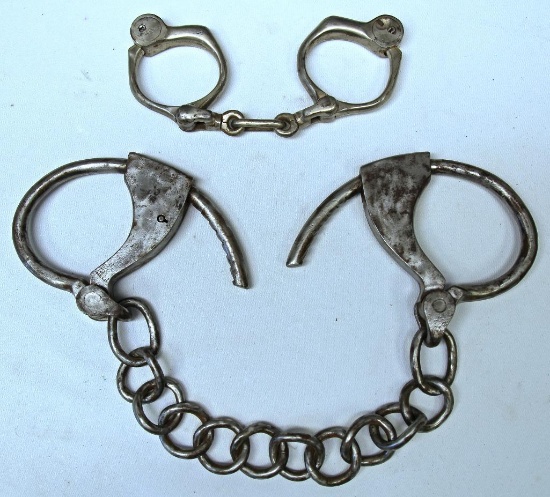 Early Pair H&R Arms Co. Handcuffs and Pair Handcuffs or Leg Irons, No Maker's Mark Found, Last
