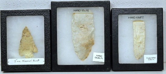 (3) Small Frames Native American Indian - 3" Missouri Arrowhead Point, (2) Hand Knives Found in