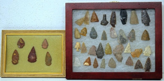(2) Small Frames Native American Indian Arrowheads, Broken Points and other Tools