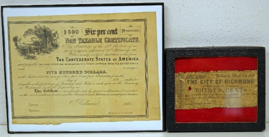 Civil War Confederate States of America $500 Non Taxable Certificate and Framed City of Richmond 30