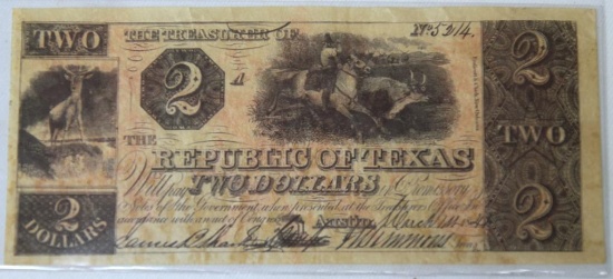 The Republic of Texas $2 Red Back Note Dated 1841