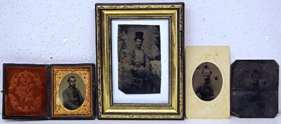 (4) Old Tin Type Photographs - (1) in Period Frame 2 1/2" x 3" Closed, (1) of Man w/Pitchfork in