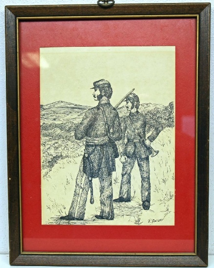 13" x 17" Frame R. Toelke Ink Drawing of Civil War Soldiers