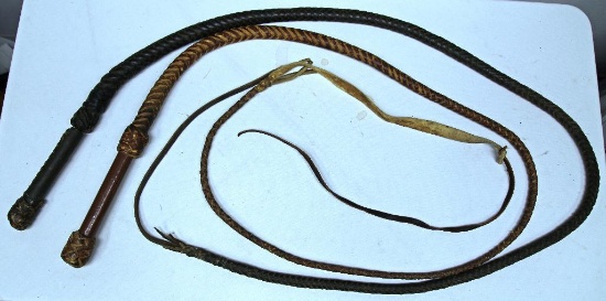(2) Old Braided Leather Bull Whips