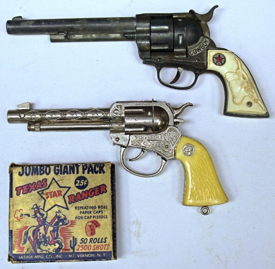 Hubley Cowboy Cap Gun and Wyatt Earp Cap Gun w/Jumbo Giant Pack Texas Ranger Caps w/47 Rolls