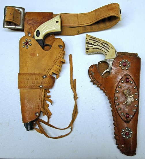 Mattel Fanner 50 Toy Cap Gun w/Vintage Leather Holster, Hubley Cap Gun in Leather Holster and Belt